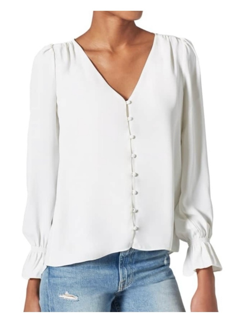 Joie White Ruffled Buttoned Blouse